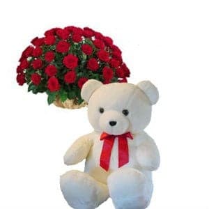 40 Red Roses Basket with Teddy Bear